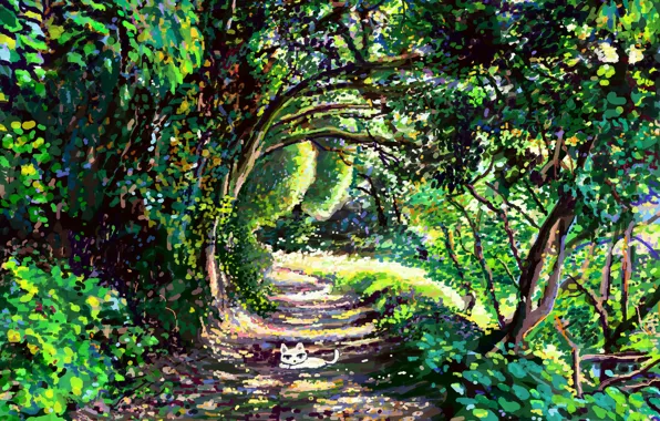 Картинка дорога, кот, листья, деревья, природа, тень, арт, hikarinotubu
