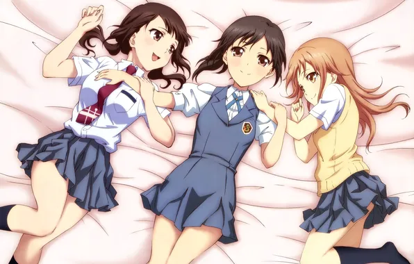 Девушки, трое, anime, art, подруги, лежат, Tari Tari, Okita Sawa
