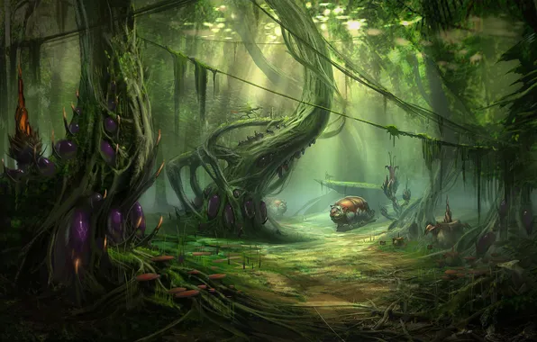 Картинка лес, деревья, грибы, существо, арт, лианы