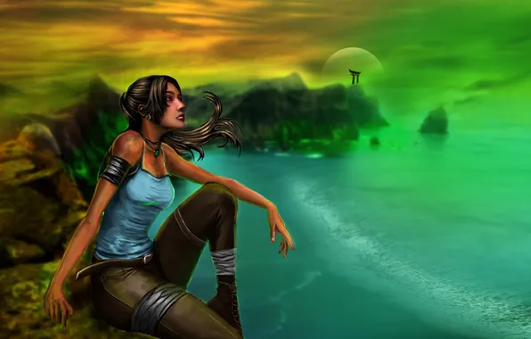 Картинка море, взгляд, девушка, волосы, остров, арт, сидит, Lara Croft