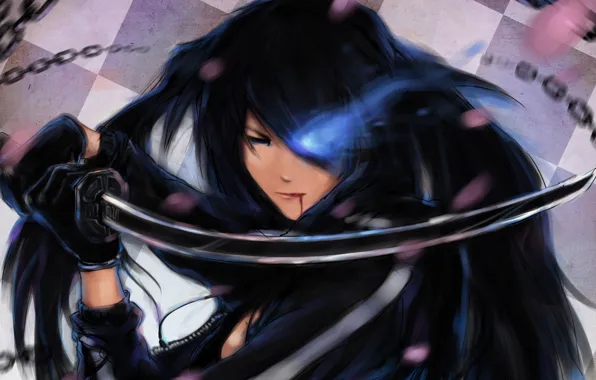 Картинка девушка, кровь, меч, цепи, Black Rock Shooter, синее пламя, Kuroi Mato