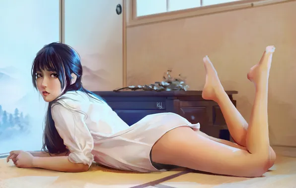 Картинка азиатка, лежит на полу, белая рубашка, босая девушка, татами, by Kbdong