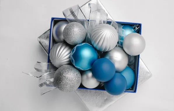 Картинка шарики, праздник, коробка, подарок, голубые, Рождество, лента, Новый год