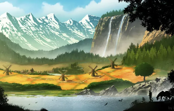 Картинка горы, водопад, долина, мельницы, Village commission