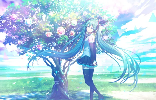Девушка, шарики, природа, дерево, Hatsune Miku, Vocaloid