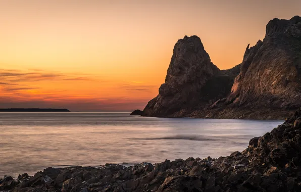 Море, пейзаж, закат, горы, природа, камни, скалы, берег
