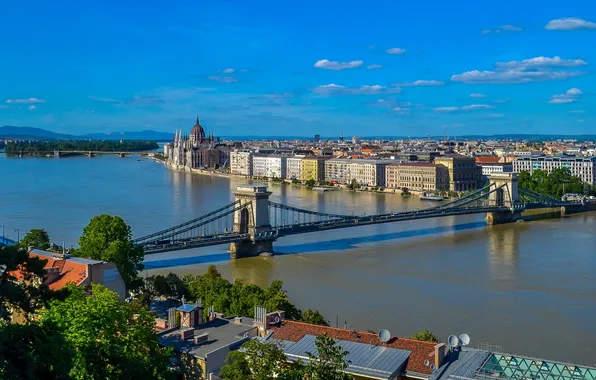 Картинка мост, река, здания, панорама, Венгрия, Hungary, Будапешт, Дунай