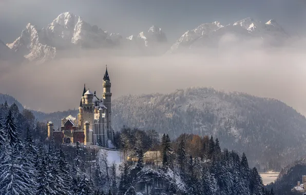 Картинка зима, небо, облака, снег, деревья, горы, Германия, Бавария