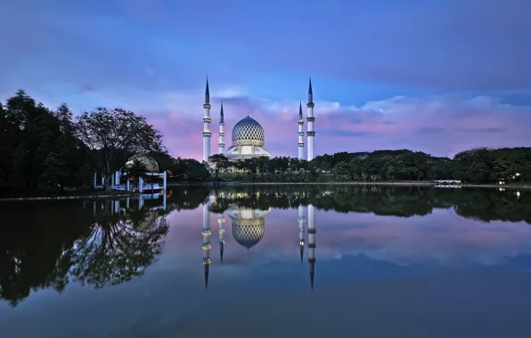 Вода, отражения, город, мечеть, Малайзия, Шах-Алам, Tuah Roslan Photography, Селангор