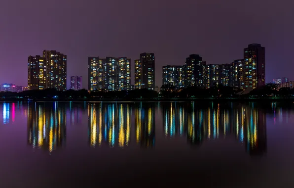 Вода, ночь, город, огни, отражение, дома, Китай, набережная