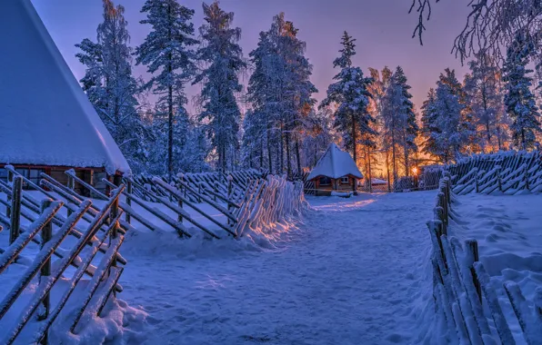 Картинка зима, снег, деревья, закат, забор, избушка, Финляндия, Finland