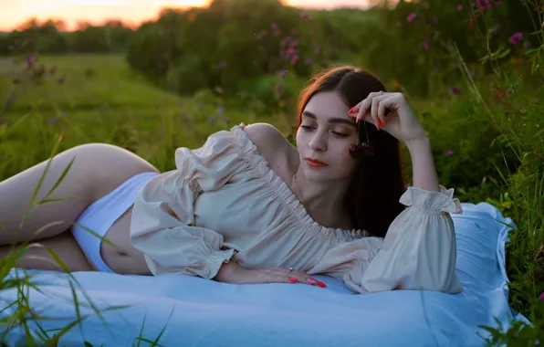 Grass, blouse, panties, trees, nature, flowers, model, women