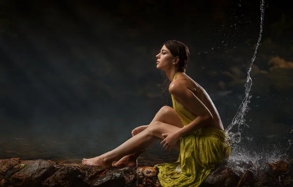 Лето, взгляд, вода, девушка, природа, поза, камни, берег