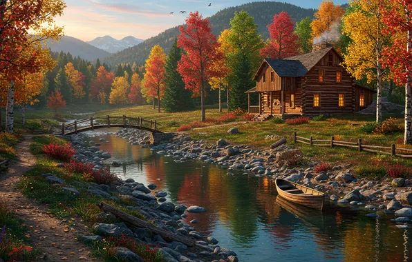 Осень, небо, горы, дом, лодка, арт, wallpaper, house