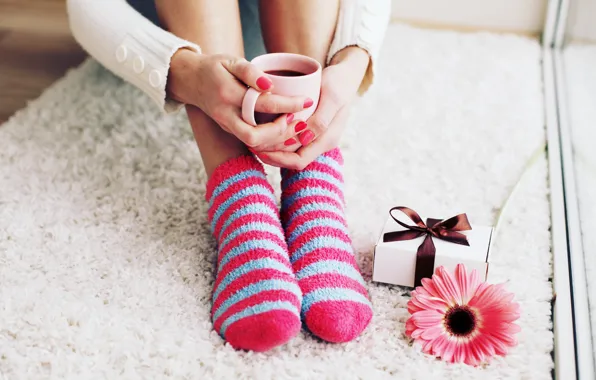 Цветок, ноги, кофе, чашка, носки, cup, coffee, socks