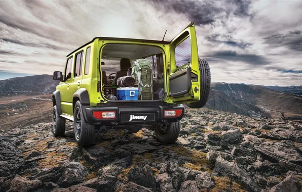 Небо, облака, камни, простор, Suzuki, вид сзади, Jimny, открытая дверца