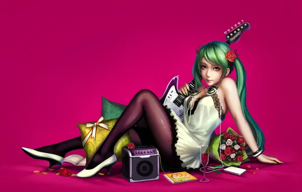 Девушка, гитара, розы, аниме, Hatsune Miku, Vocaloid, art, Miku
