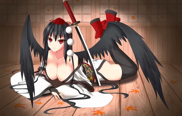 Листья, девушка, доски, крылья, меч, катана, арт, touhou