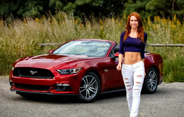 Улыбка, Девушки, кабриолет, Ford Mustang, красивая девушка, красный авто