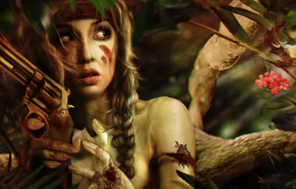 Картинка девушка, деревья, лицо, оружие, страх, фантастика, кровь, волосы