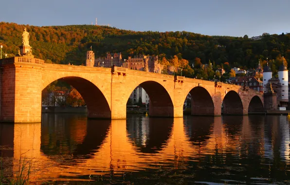 Вода, закат, мост, город, отражение, холмы, Германия, Germany