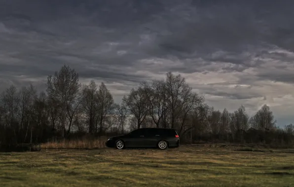 Песок, небо, пасмурно, черный, honda, accord, wagon, универсал