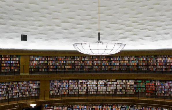 Книги, люстра, Стокгольм, Швеция, Публичная библиотека