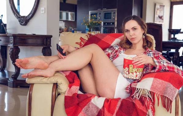 Model, Popcorn, Nasita, On The Chair, Movie Night