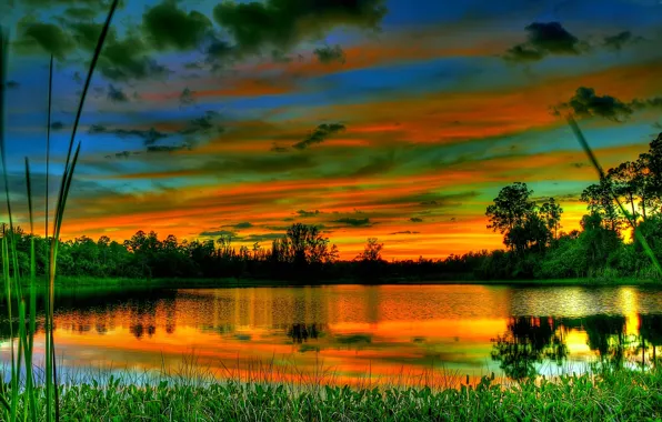 Картинка небо, облака, деревья, озеро, вечер, зарево