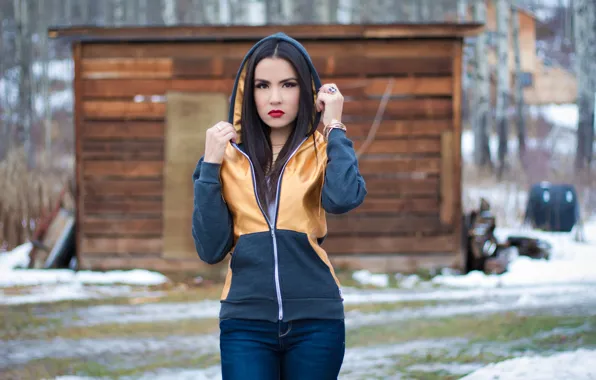 Взгляд, лицо, брюнетка, капюшон, model, Shannon Baker