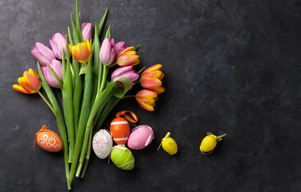 Картинка цветы, яйца, букет, весна, colorful, Пасха, тюльпаны, happy