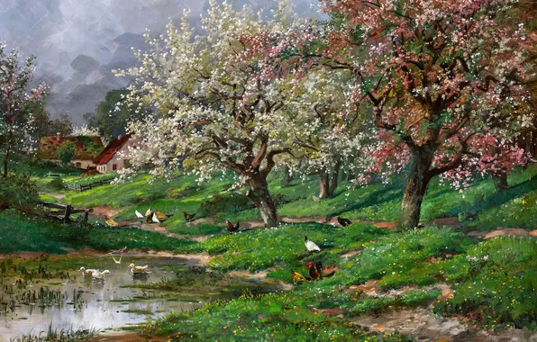 Дома, Деревья, Птицы, Картина, Речка, Alois Arnegger, Алоис Арнеггер, Австрийский живописец