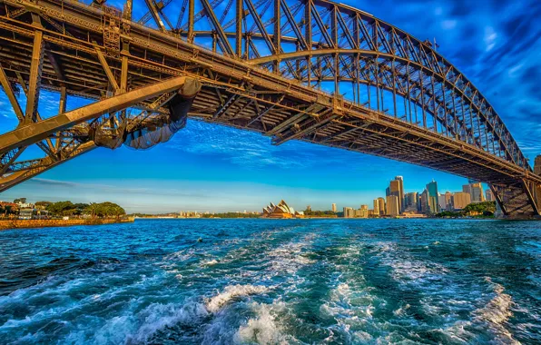 Картинка небо, солнце, мост, берег, дома, Австралия, залив, Сидней