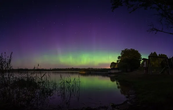 Пейзаж, ночь, озеро, северное сияние, Aurora Borealis