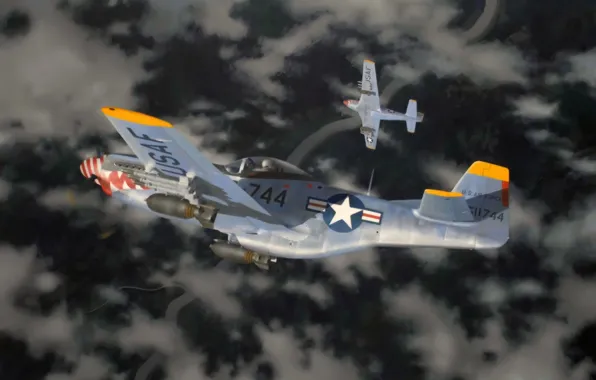 Картинка P-51, aircraft, war, art, painting, aviation, battle, ww2