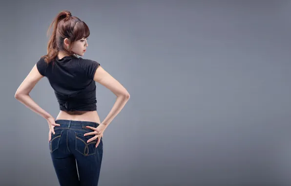Джинсы, футболка, азиатка, серый фон, jeans, asian, t-shirt, кореянка