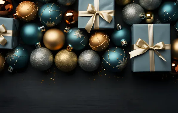 Украшения, темный фон, шары, Новый Год, Рождество, dark, подарки, golden