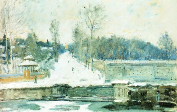 Зима, пейзаж, картина, Alfred Sisley, Альфред Сислей, Запруда в Марли-ле-Руа