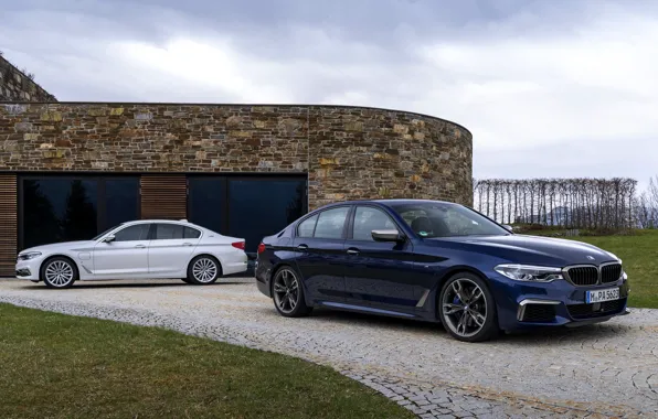Картинка белый, трава, брусчатка, BMW, гибрид, 5er, тёмно-синий, 2017