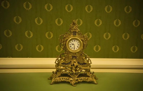 Ретро, часы, старинные, зеленые обои, барокко, дорого богато