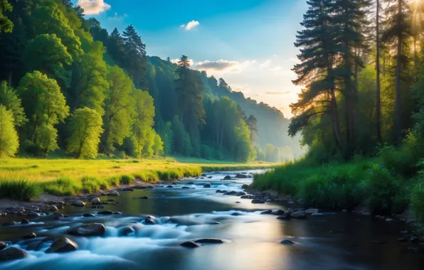 Картинка forest, river, trees, jungle, nature, stream