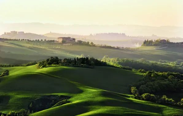 Картинка поля, утро, Италия, дома, деревья, Тоскана, дымка, холмы