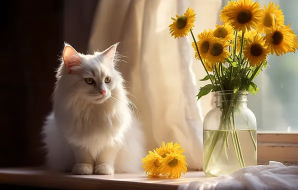 Картинка кошка, белый, кот, взгляд, свет, цветы, поза, букет