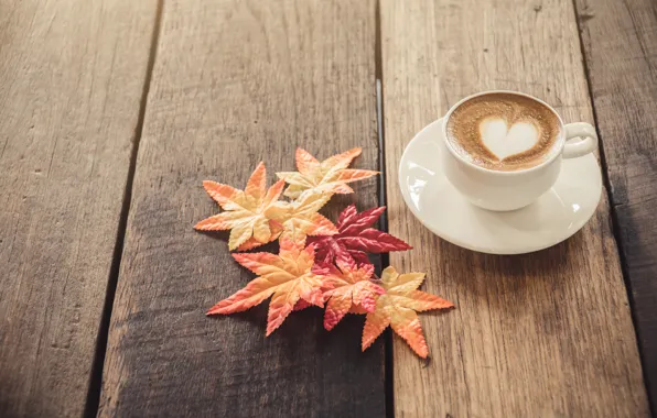 Осень, листья, любовь, сердце, кофе, чашка, love, heart