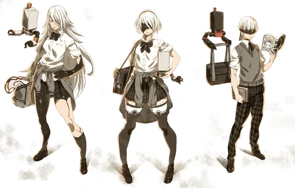 Девушки, парень, трио, трое, школьники, Nier Automata