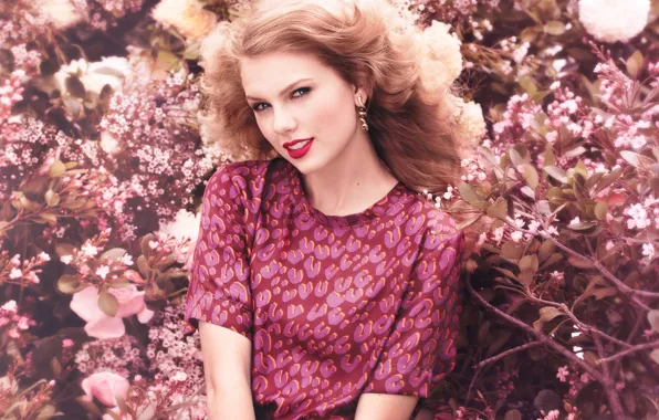 Цветы, актриса, певица, Taylor Swift, красотка, кусты, фотосессия, Тейлор Свифт