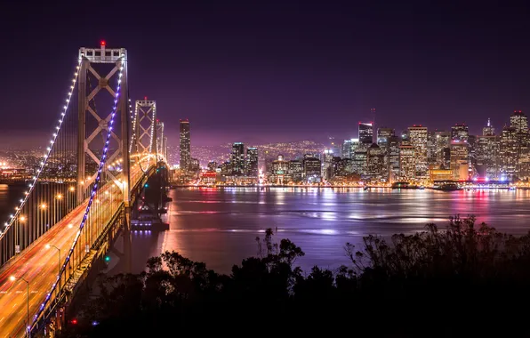 Ночь, город, выдержка, Калифорния, Сан-Франциско, США, bay bridge, мост из Сан-Франциско в Окленд