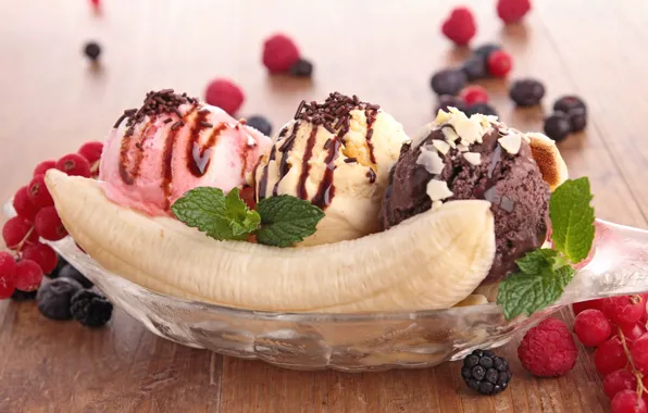 Картинка малина, шоколад, мороженое, банан, мята, десерт, ежевика