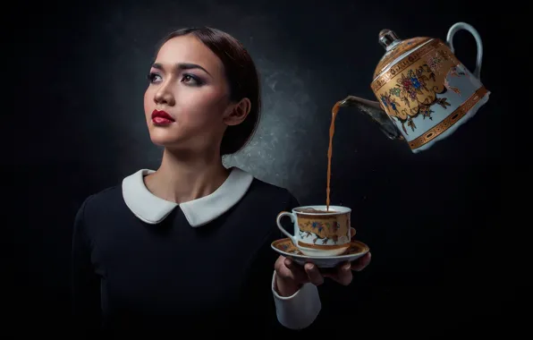 Картинка девушка, чайник, чашка, напиток, блюдце