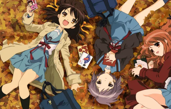 Листья, книги, трое, nagato yuki, подруги, матроски, mikuru asahina, haruhi suzumiya